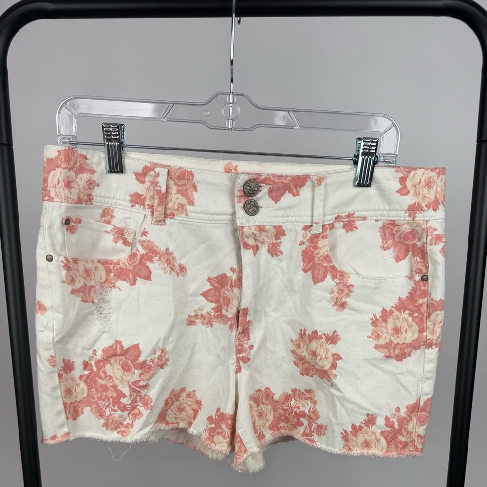 Copper Key Floral Shorts Size 11 White Pink High Rise Cutoff Denim Stretch - Picture 2 of 5